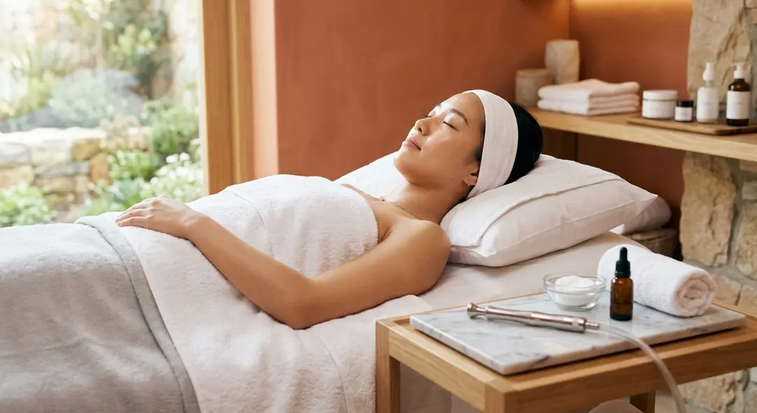 A modern spa room with a diamond peel wand and a relaxed client