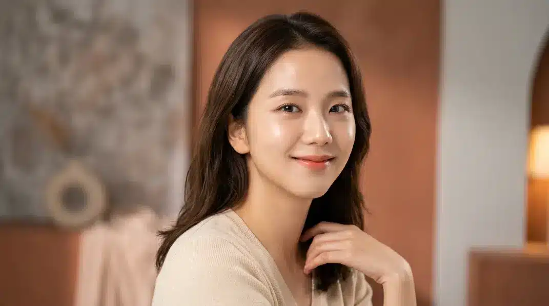 A beautiful woman with flawless, glowing skin smiling softly against a warm terracotta background.