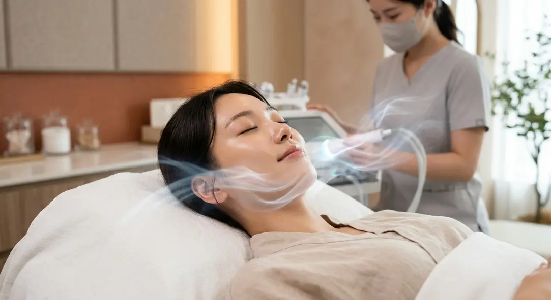 A conceptual, photorealistic image of glowing, smooth skin surrounded by soft kinetic air streams, representing the Enerjet treatment.