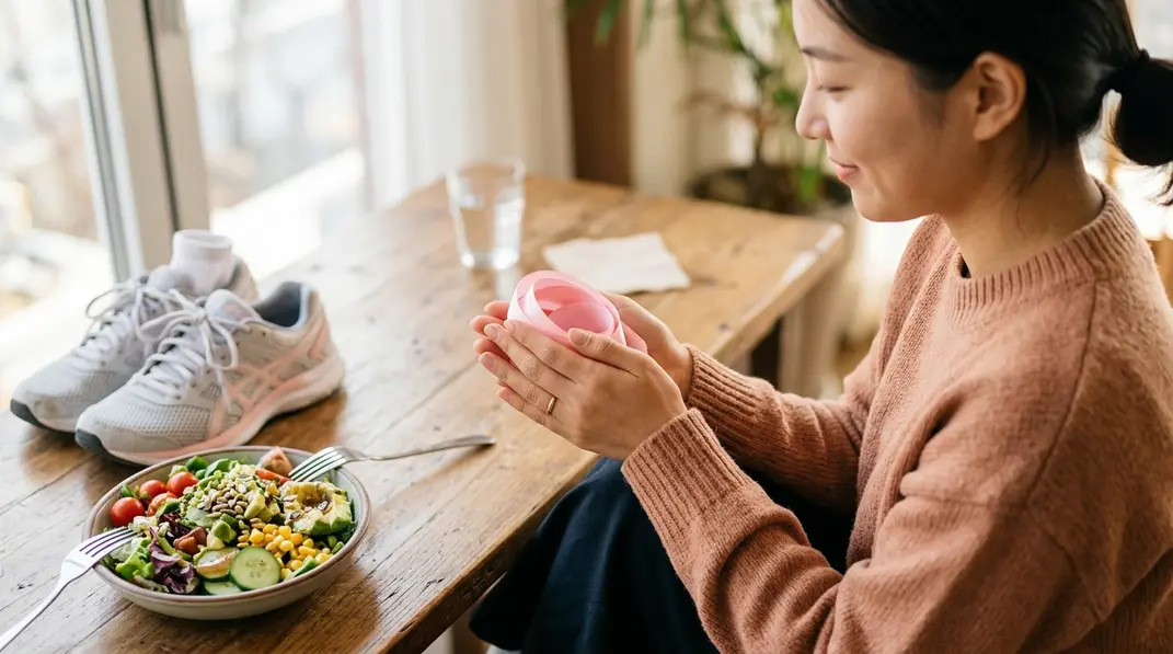 A woman's hands gently holding a pink ribbon near a healthy salad bowl and running shoes, symbolizing breast care and wellness.