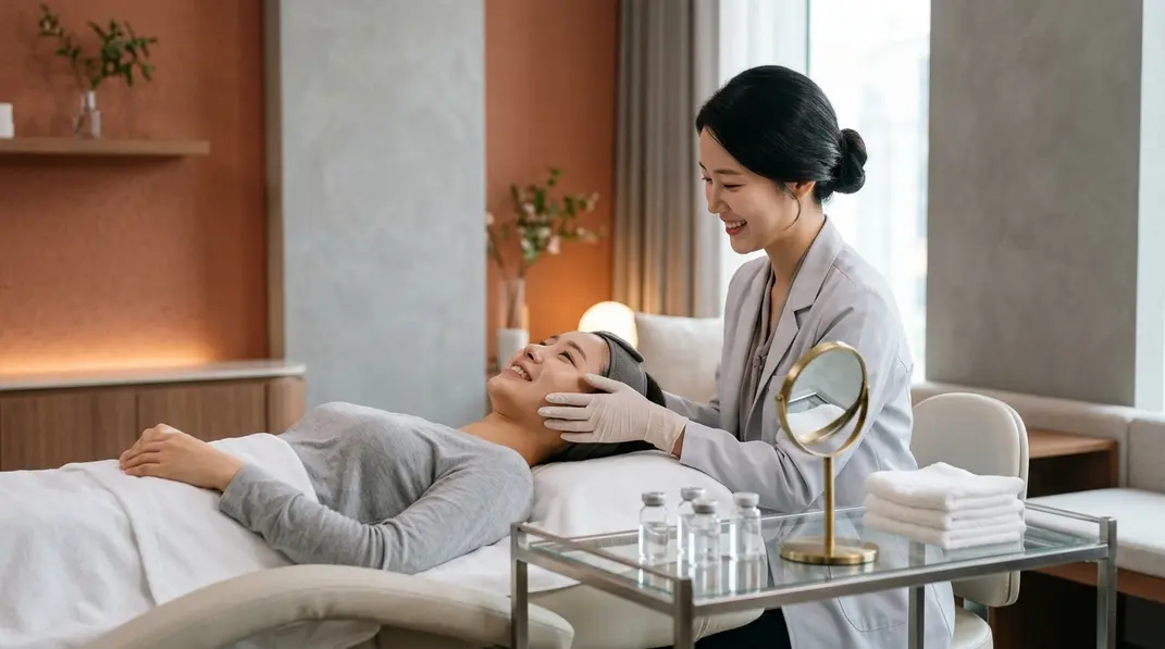 An elegant dermatology clinic setup with a mirror and sterile vials.