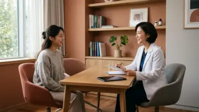 A medical professional consulting with a patient in a modern, warm clinic.