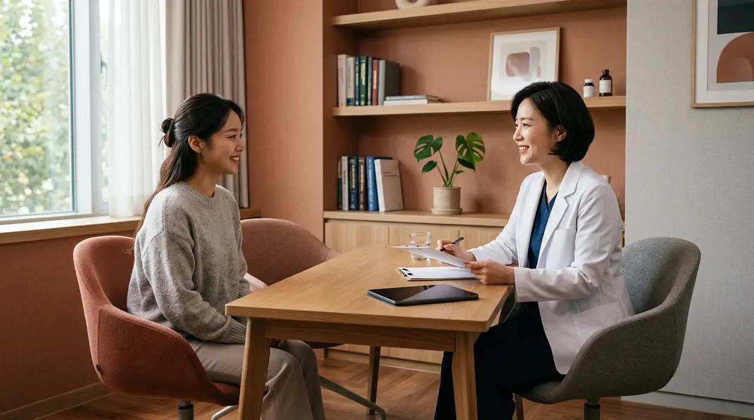 A medical professional consulting with a patient in a modern, warm clinic.