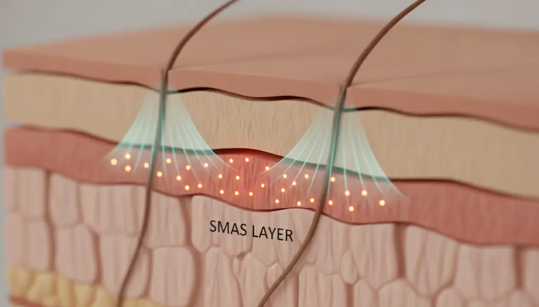 HIFU energy safely penetrates the skin to target the deep SMAS layer for an inside-out lift.
