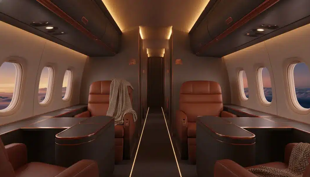 The bespoke cabin design of Starlux Airlines focuses on warm, earthy aesthetics.
