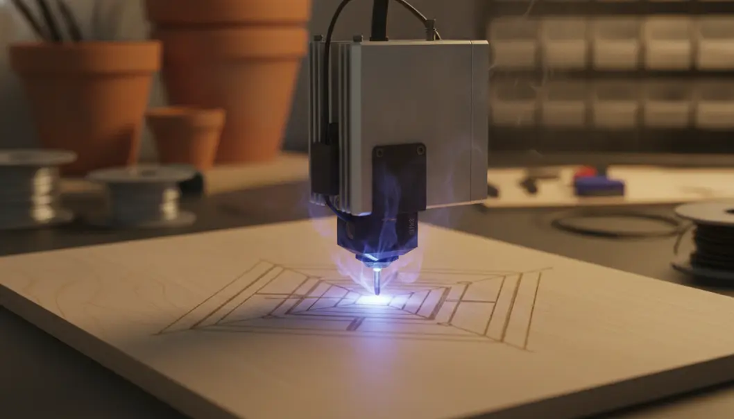 A laser engraver focusing light to burn a precise pattern into birch wood.
