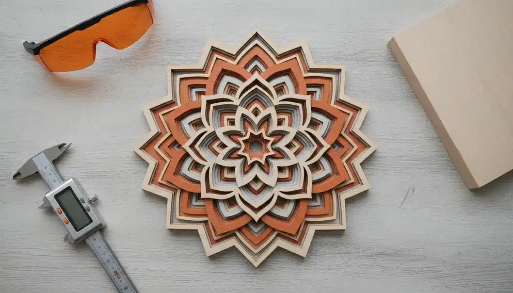 A beautiful multi-layered wooden mandala created using a desktop laser engraver.