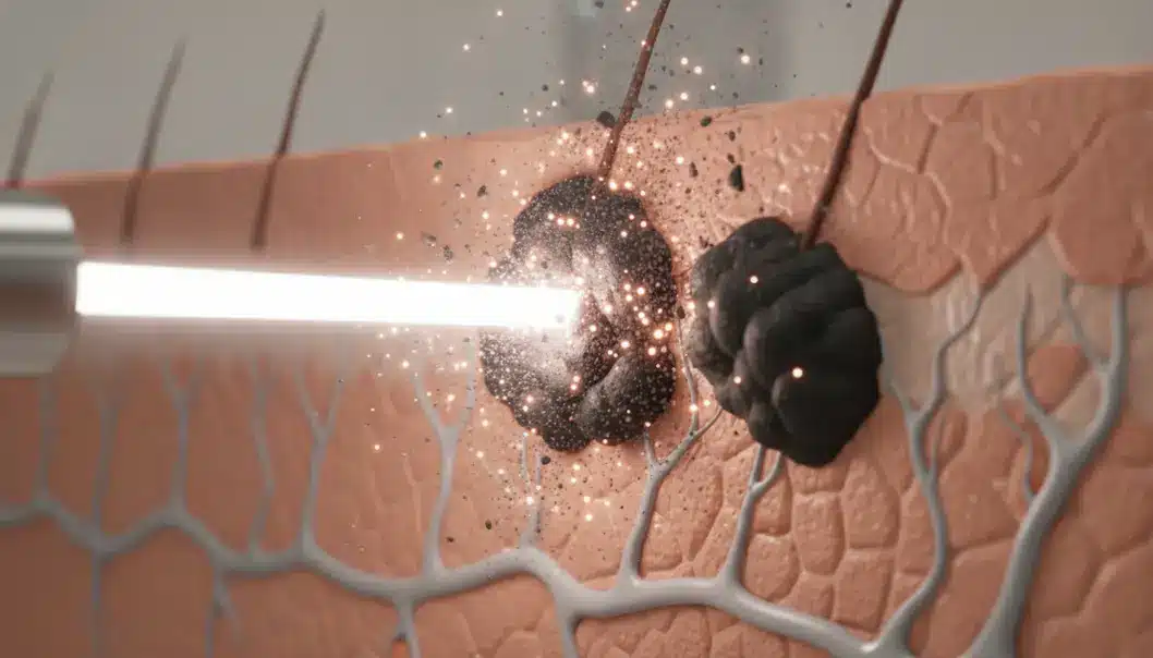 Lasers shatter large ink particles so your immune system can flush them out.