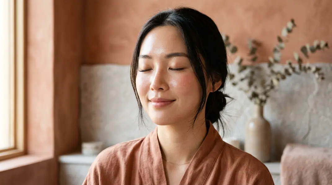 A serene woman's face with flawless glowing glass skin, illuminated by soft morning light.