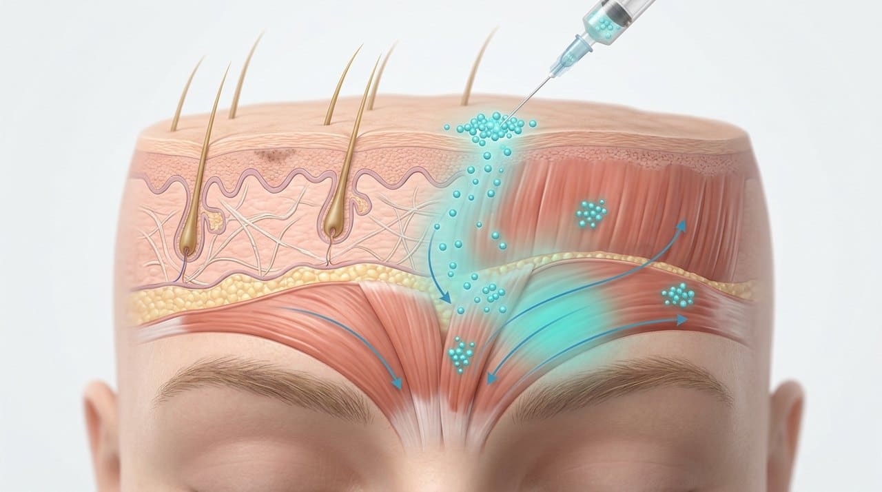forehead frown line wrinkle relaxer korea comparative infographic of penetration depth, clinical efficacy duration and discomfort index