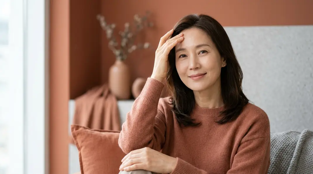 A serene woman lightly touching her beautifully smooth forehead, representing cosmetic rejuvenation.
