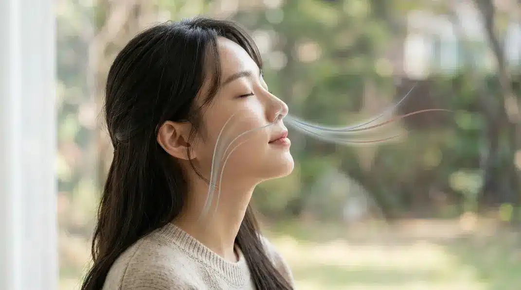 A close-up profile view of a person breathing freely, overlaid with subtle glowing medical graphics highlighting the nasal airway.