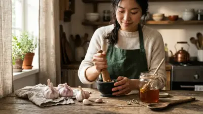 A rustic wooden table with fresh garlic bulbs and a jar of honey