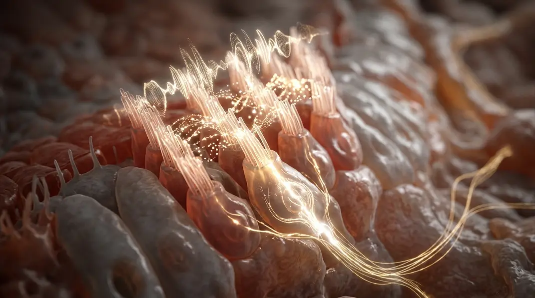 A 3D medical illustration of glowing inner ear hair cells transforming sound waves into electrical energy.