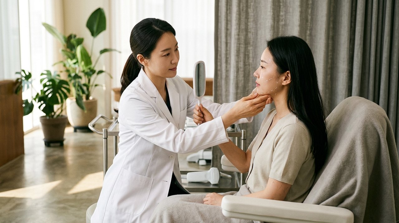 hifu vs thread lift comparison consultation with a board-certified Korean dermatologist using skin diagnostic imaging