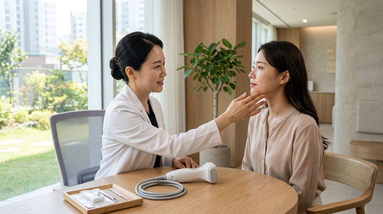 hifu vs thread lift comparison consultation with a board-certified Korean dermatologist using skin diagnostic imaging