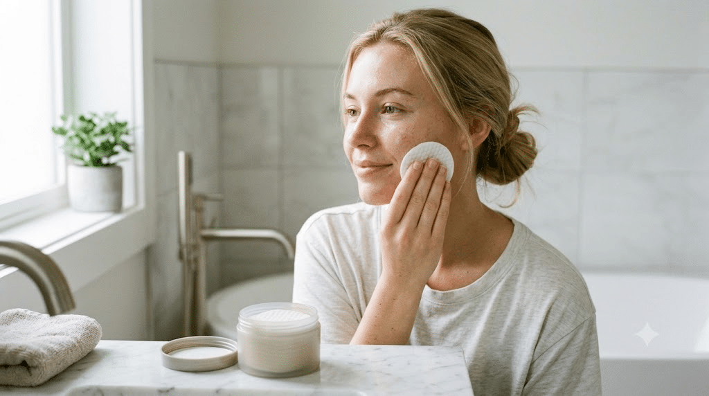 Woman using Korean toner pads on her cheek