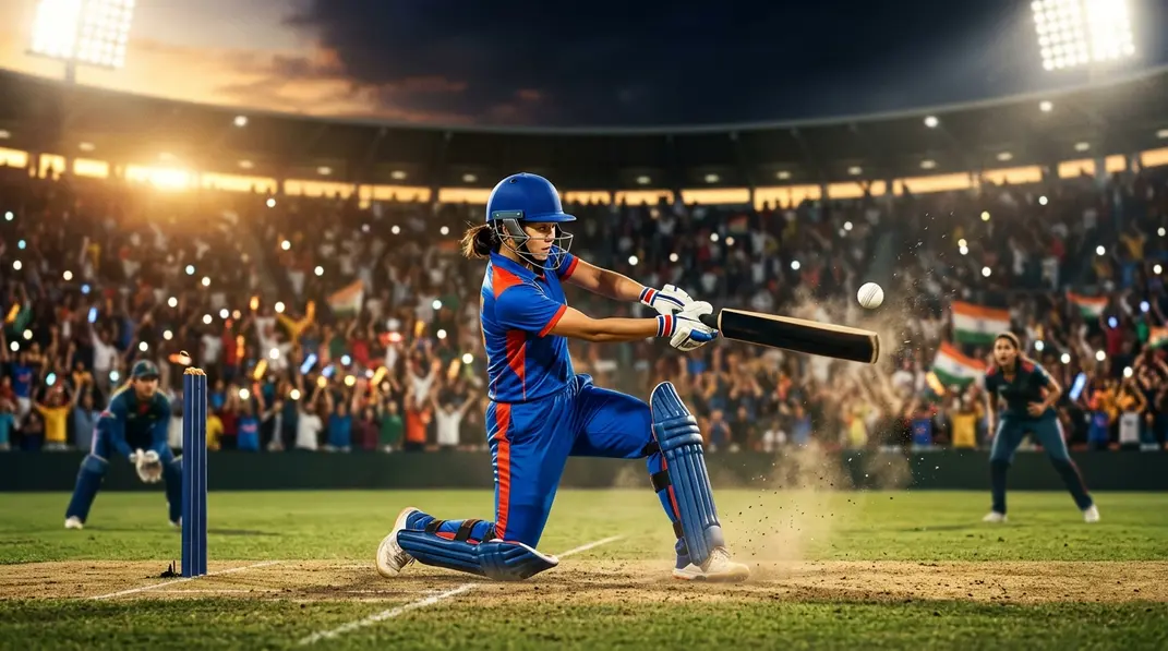 A dynamic view of a batsman hitting a powerful shot in a packed cricket stadium during an IPL match.