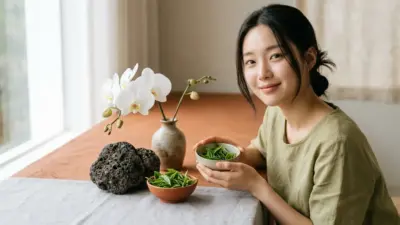 A stylized layout of green tea leaves, volcanic rocks, and a delicate orchid representing natural K-beauty