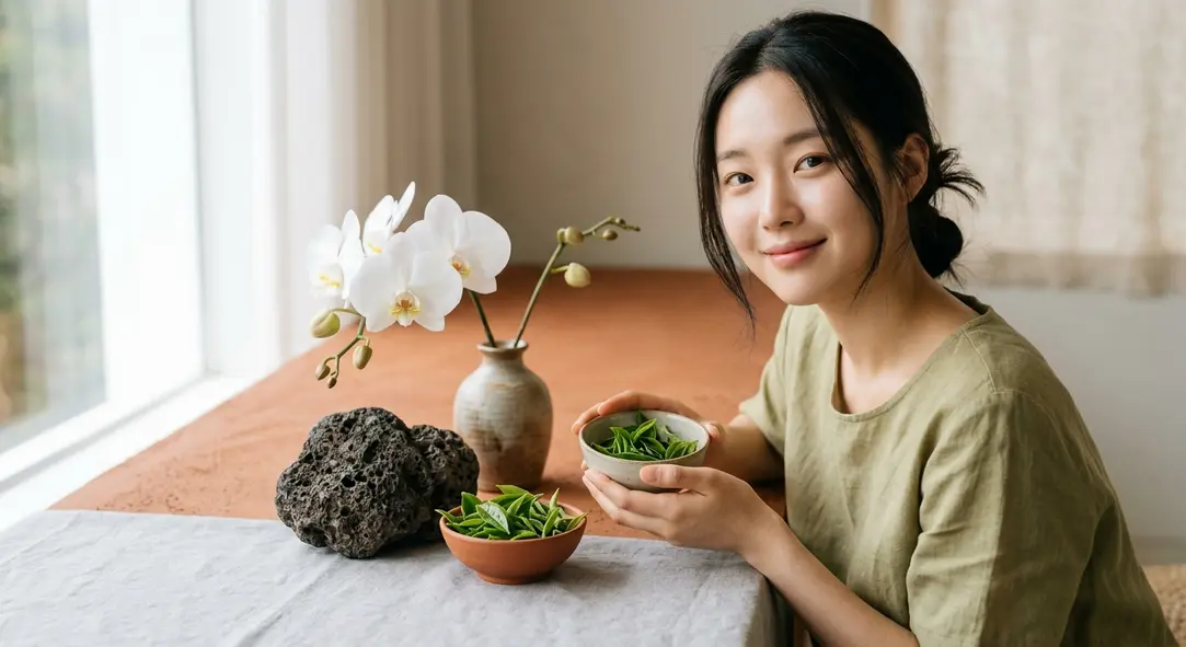 A stylized layout of green tea leaves, volcanic rocks, and a delicate orchid representing natural K-beauty