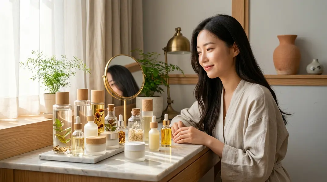 A beautifully arranged collection of Korean skincare products on a vanity bathed in soft morning sunlight.