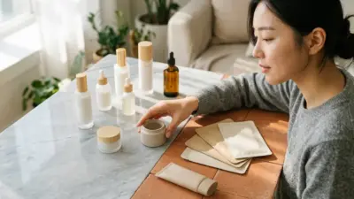 A flat lay of premium Korean skincare products including soothing creams and sunscreens on a terracotta marble background.