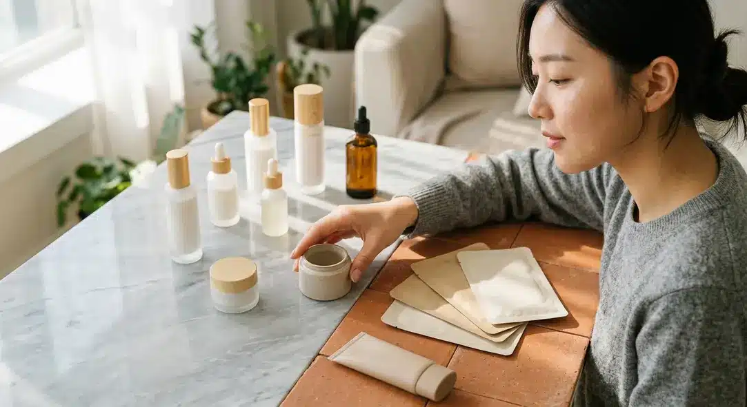A flat lay of premium Korean skincare products including soothing creams and sunscreens on a terracotta marble background.