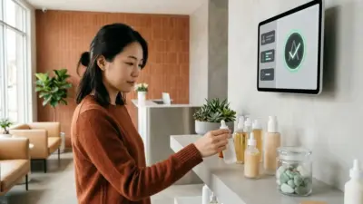 A high-end dermatology clinic displaying pristine skincare vials with a digital tablet showing an FDA approval checkmark.