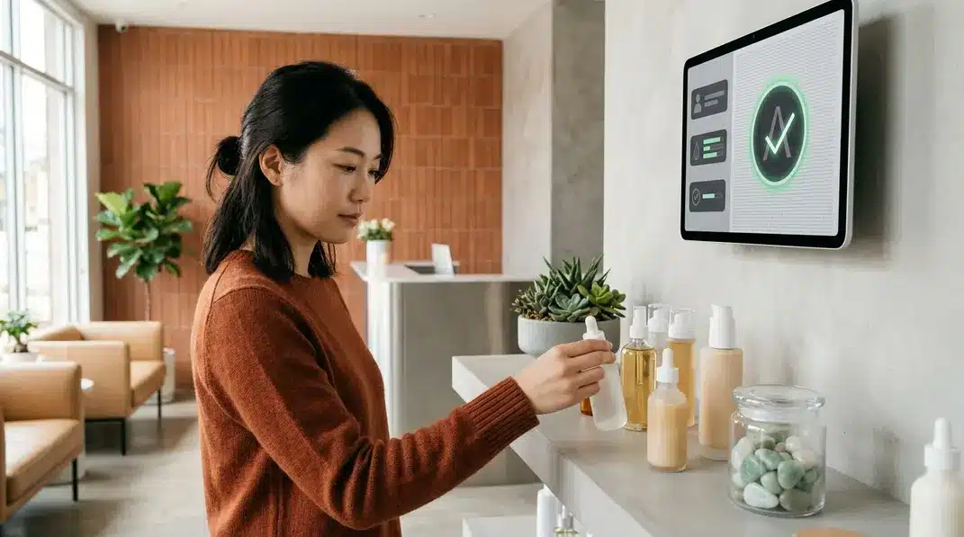 A high-end dermatology clinic displaying pristine skincare vials with a digital tablet showing an FDA approval checkmark.