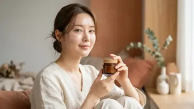 A woman with glowing, healthy skin holding a jar of Korean skin recovery cream, representing a healed skin barrier.