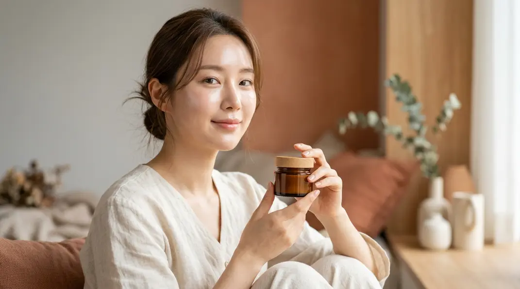 A woman with glowing, healthy skin holding a jar of Korean skin recovery cream, representing a healed skin barrier.