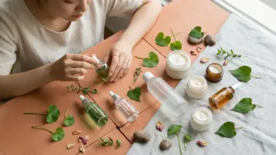 A flat lay of Korean skincare bottles surrounded by natural green leaves on a terracotta background.