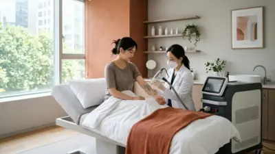 A modern dermatology clinic room featuring a laser tattoo removal machine and a relaxed patient setting.