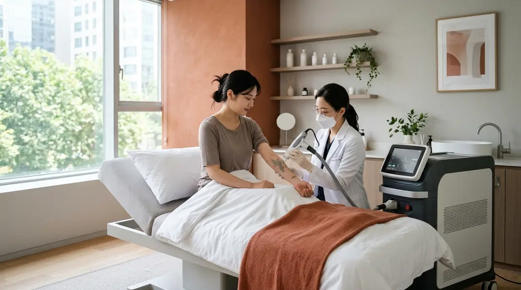 A modern dermatology clinic room featuring a laser tattoo removal machine and a relaxed patient setting.