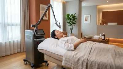 A modern dermatology clinic room featuring a sleek laser toning machine next to a treatment bed