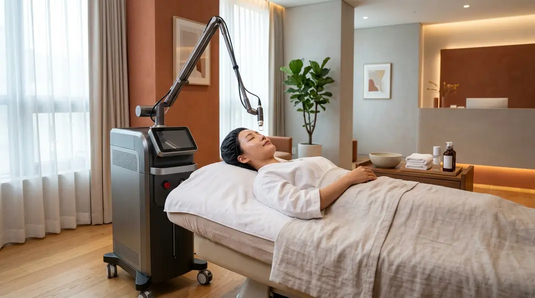 A modern dermatology clinic room featuring a sleek laser toning machine next to a treatment bed