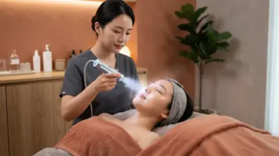 A serene woman receiving a modern needle-free facial treatment in a clinic.