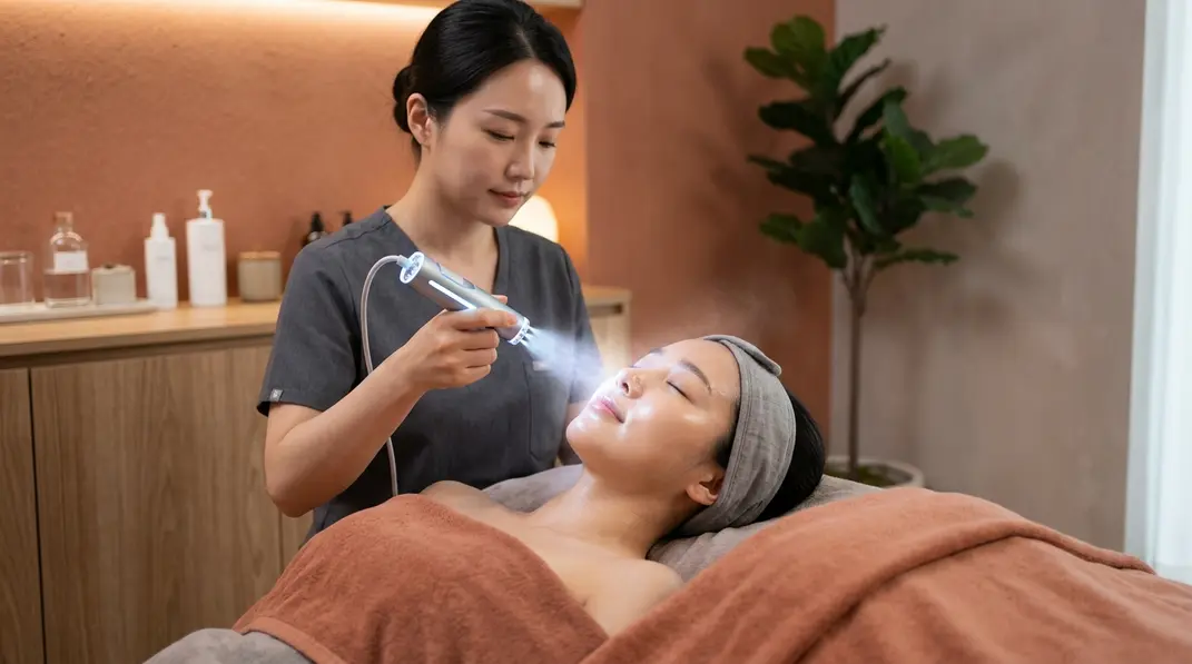 A serene woman receiving a modern needle-free facial treatment in a clinic.