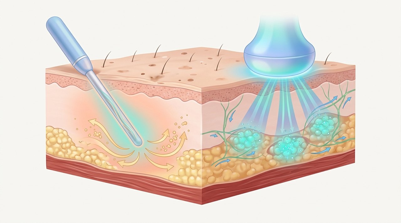 liposuction vs fat reduction device korea comparative infographic of penetration depth, clinical efficacy duration and discomfort index