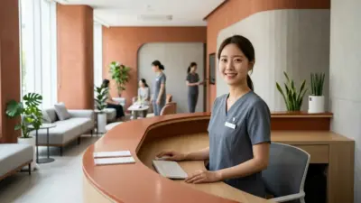 A luxurious and modern medical clinic reception in Seoul, South Korea, representing world-class medical tourism.