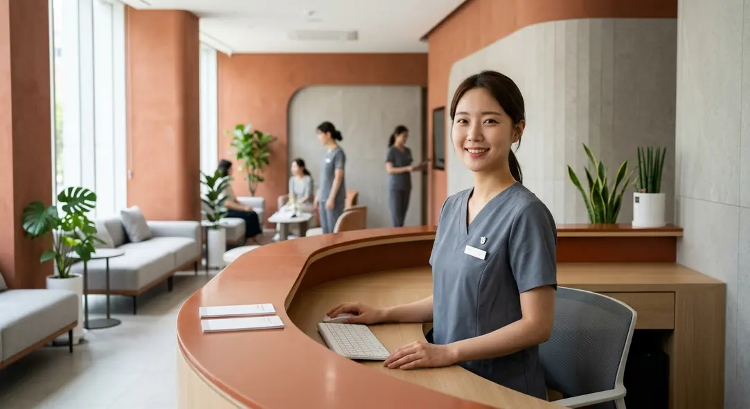 A luxurious and modern medical clinic reception in Seoul, South Korea, representing world-class medical tourism.