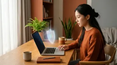 A modern Mac laptop on a desk bathed in warm light, projecting a translucent protective shield over the screen.