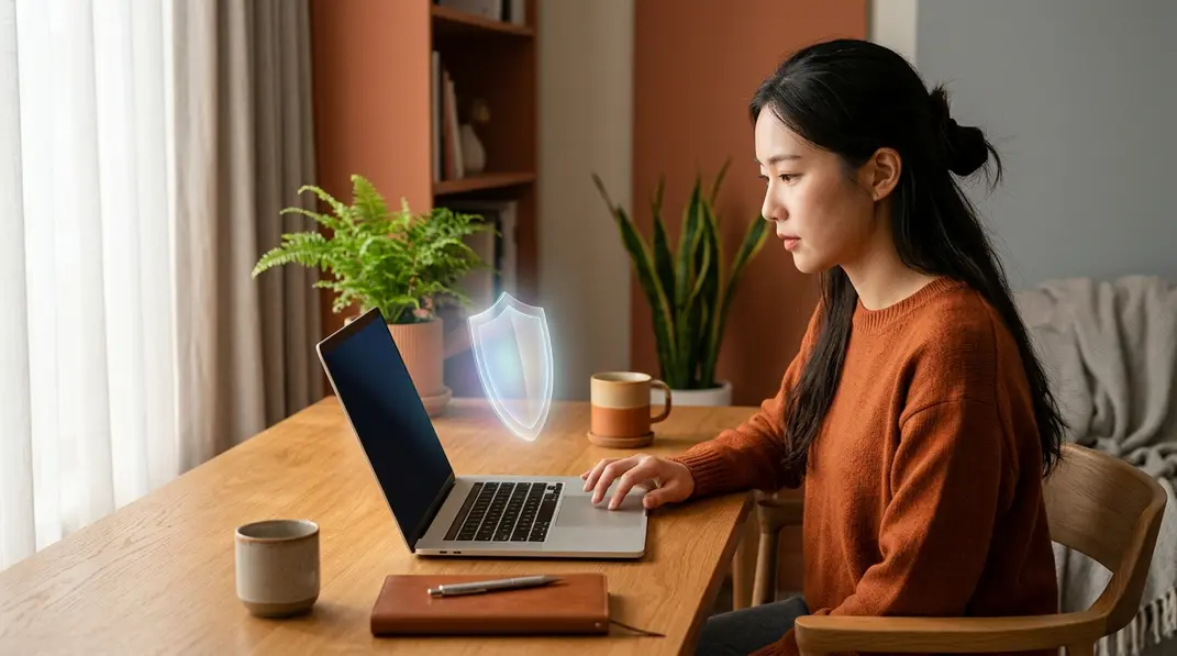 A modern Mac laptop on a desk bathed in warm light, projecting a translucent protective shield over the screen.