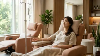 A plush reclining chair in a warm, inviting IV therapy lounge with a clear IV drip bag on a stand.