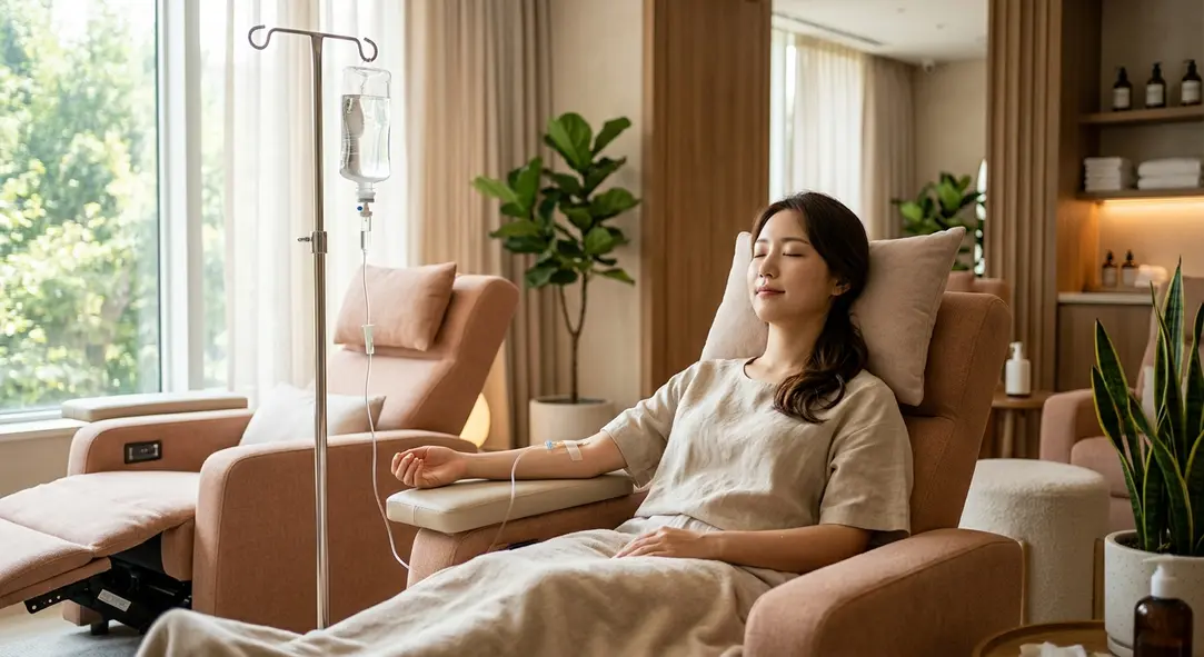 A plush reclining chair in a warm, inviting IV therapy lounge with a clear IV drip bag on a stand.