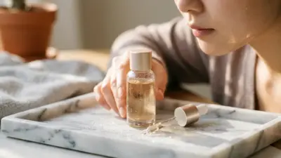 A premium aesthetic glass vial resting on a clean surface surrounded by subtle light reflections.