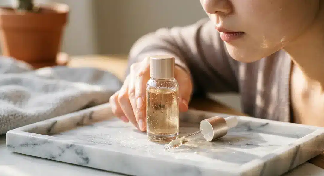 A premium aesthetic glass vial resting on a clean surface surrounded by subtle light reflections.