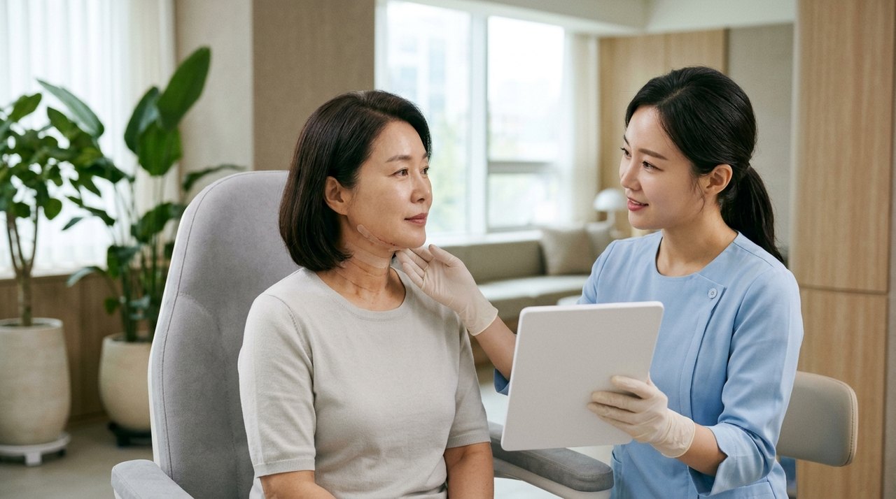 neck rejuvenation treatment recovery timeline consultation with a board-certified Korean dermatologist using skin diagnostic imaging