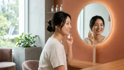 A person with clear, glowing skin looking at a mirror in a warm, modern clinic setting, representing the results of Neobeam laser treatment.