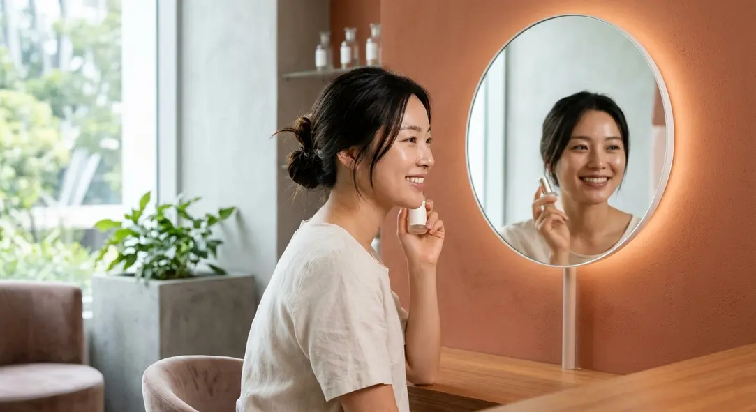 A person with clear, glowing skin looking at a mirror in a warm, modern clinic setting, representing the results of Neobeam laser treatment.